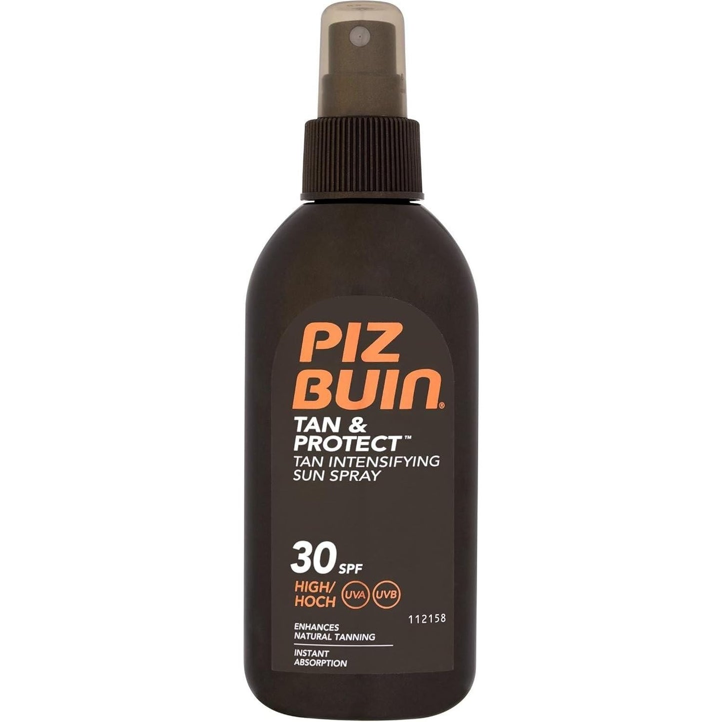 Piz Buin Tan & Protect SPF30 sun spray in 150ml bottle, featuring a spray nozzle and blue and white packaging.