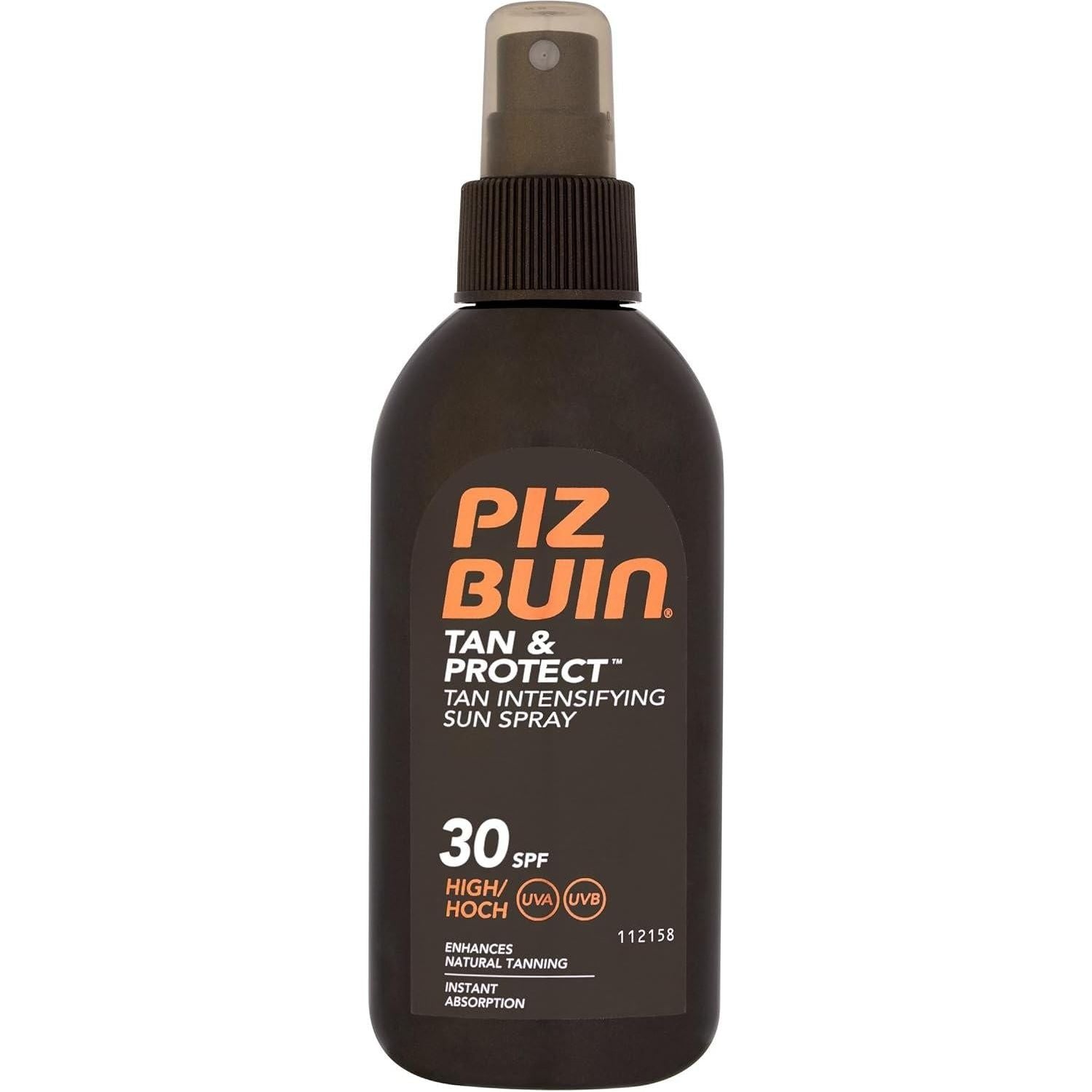 Piz Buin Tan & Protect SPF30 sun spray in 150ml bottle, featuring a spray nozzle and blue and white packaging.