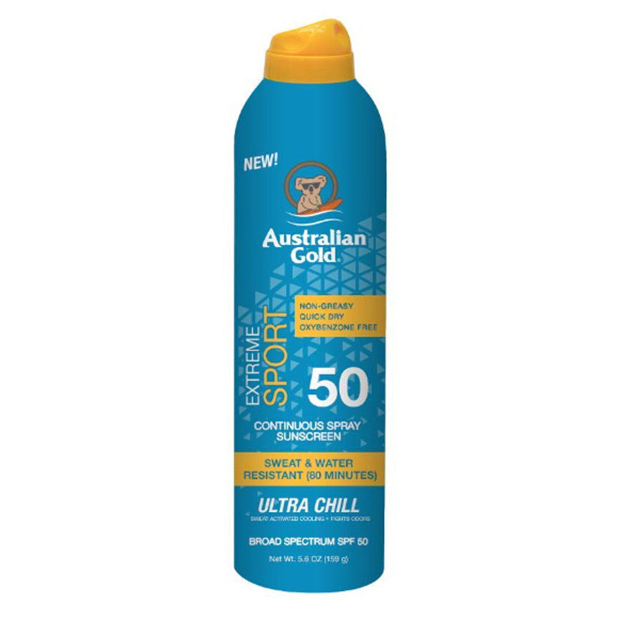 Australian Gold Extreme Sport SPF 50 spray sunscreen in a 6 oz bottle, providing ultra chill sun protection.