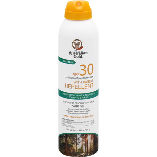 Australian Gold Sunscreen with insect repellent, SPF 30 continuous spray, 5.6 oz bottle from Pasteur Pharmacy.