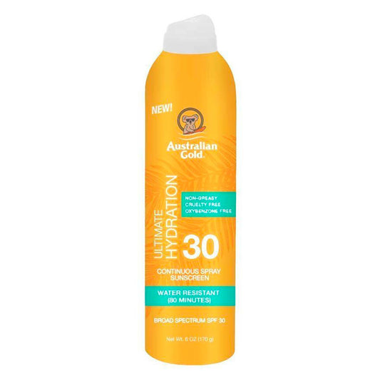 Australian Gold Ultimate Hydration SPF 30 broad spectrum sunscreen spray in a 6 oz bottle, with a pump dispenser and protective label.