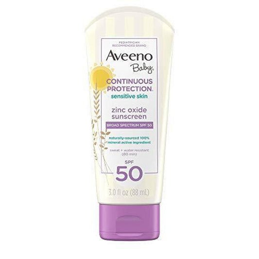 Aveeno Baby Zinc Oxide Mineral Sunscreen Lotion for sensitive skin, SPF 50, tear-free, water-resistant, travel-size 3 oz.