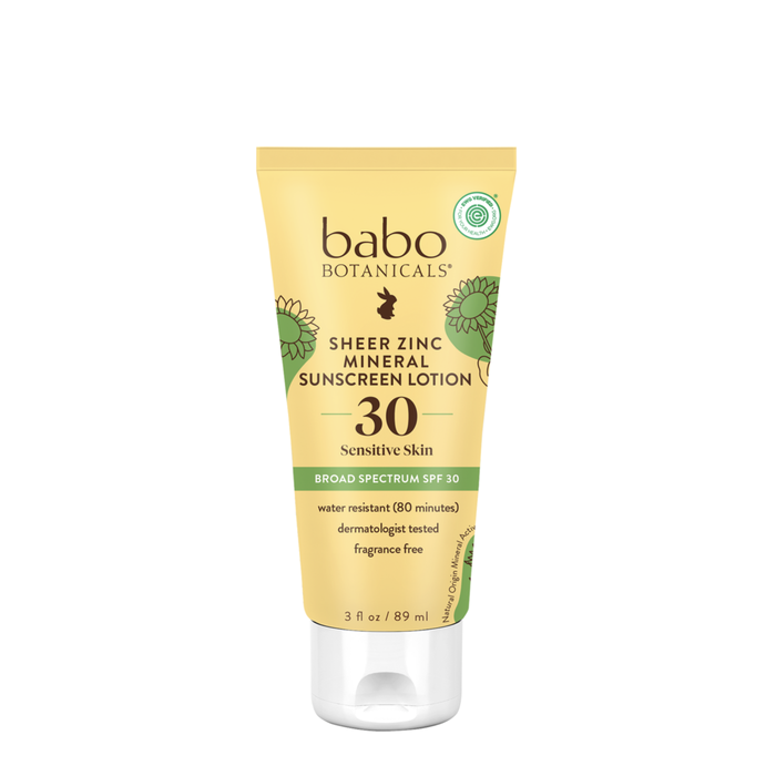 Babo Botanicals Clear For Babies Zinc Sunscreen Lotion SPF 30, fragrance-free, 3 oz tube with white packaging and label