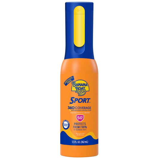 Banana Boat Sport 360 Coverage SPF 50 sunscreen spray in 5.5 fl oz bottle, advanced control mist for effective sun protection.