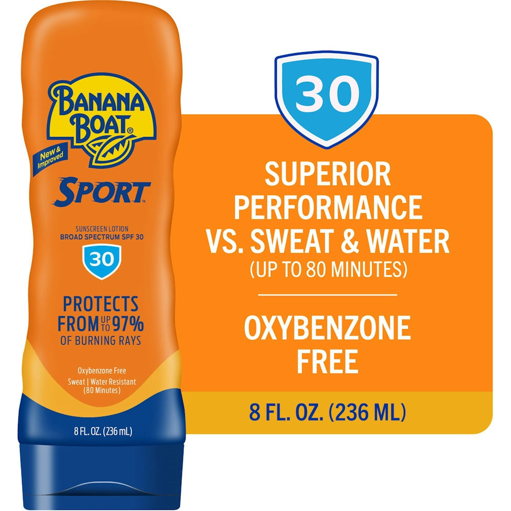 Banana Boat Ultra Sport Performance Lotion Sunscreen Broad Spectrum SPF 30 in 8 ounces, designed for active outdoor protection