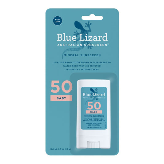 Blue Lizard Australian Mineral Sunscreen Stick for Baby SPF 50+ in 0.5 oz container, featuring a blue label and easy-to-apply design