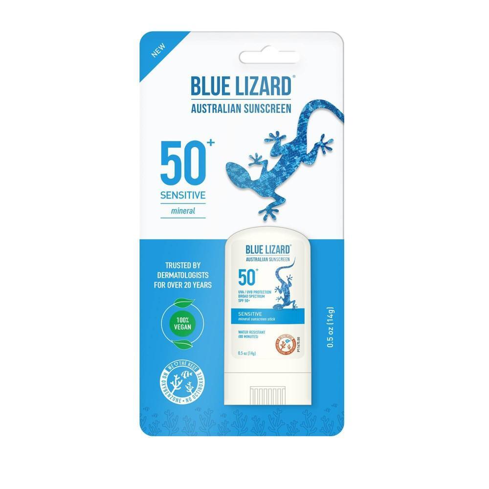 Blue Lizard Sensitive Mineral Sunscreen Stick SPF 50+ from Pasteur Pharmacy, 0.5 oz, featuring a blue packaging design.