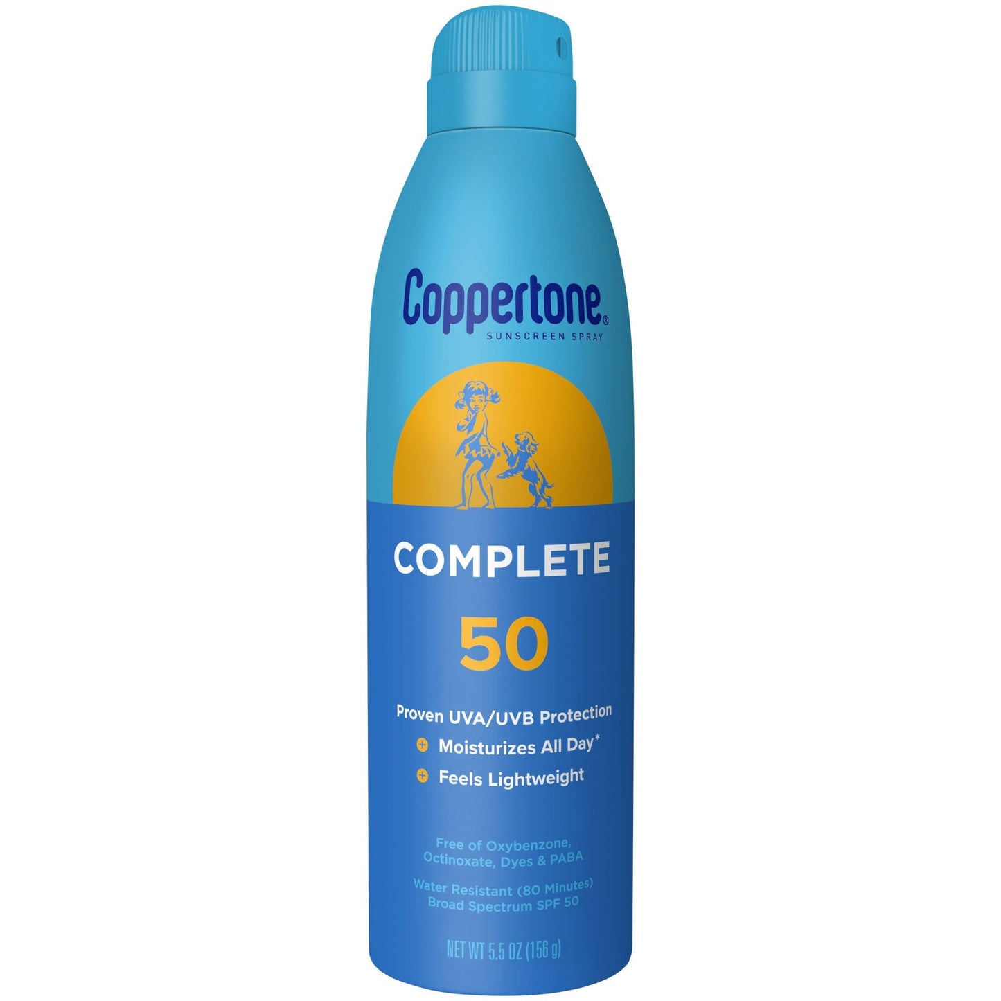 Coppertone Complete Sunscreen Spray SPF 50 in 5.5oz bottle, providing broad-spectrum sun protection.