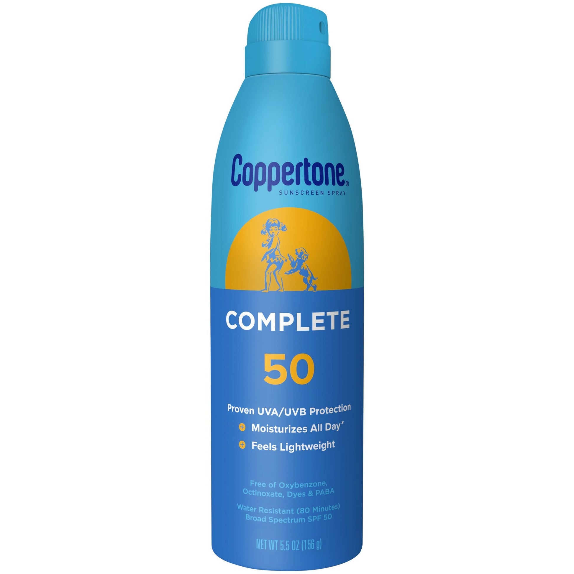 Coppertone Complete Sunscreen Spray SPF 50 in 5.5oz bottle, providing broad-spectrum sun protection.