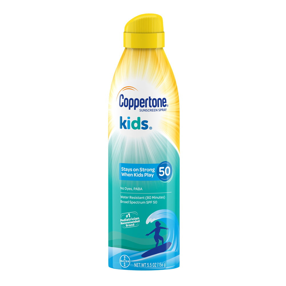 Coppertone Kids Sunscreen Water-Resistant Continuous Spray SPF 50 in 5.5 oz bottle, broad-spectrum protection, gentle for children