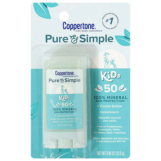 Coppertone Pure & Simple Kids Broad Spectrum Sunscreen Stick SPF 50, 0.49 oz, in a white tube with blue cap, for sun protection.