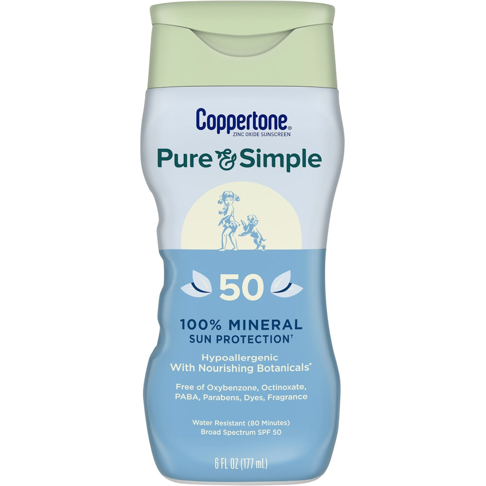 Coppertone Pure & Simple Mineral Sunscreen Lotion with Zinc Oxide SPF 50 in 6 oz bottle, featuring a sunscreen tube with label.
