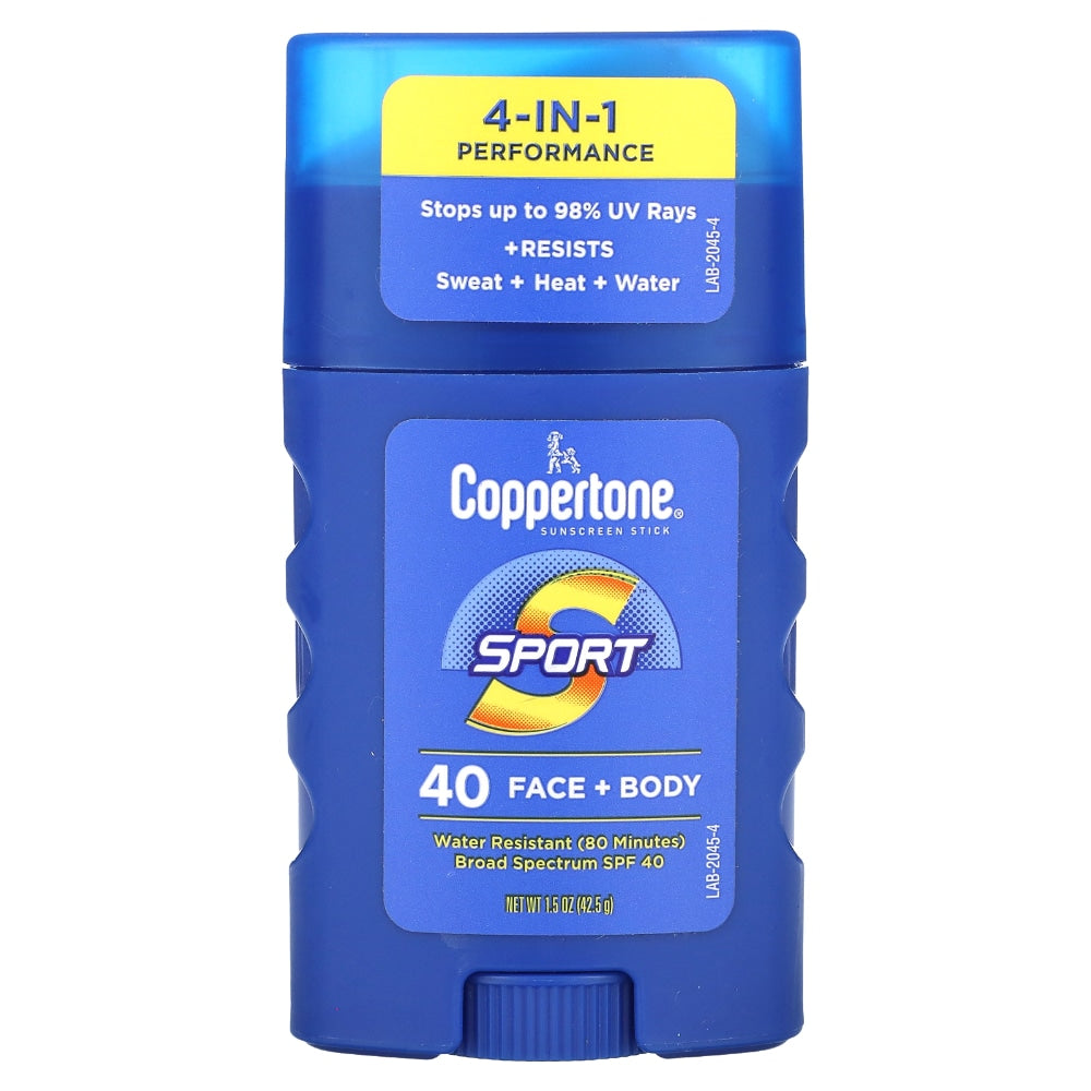 Coppertone Sport 4-in-1 SPF 40 broad spectrum sunscreen stick for face and body, 1.5 oz, with a white twist-up container.