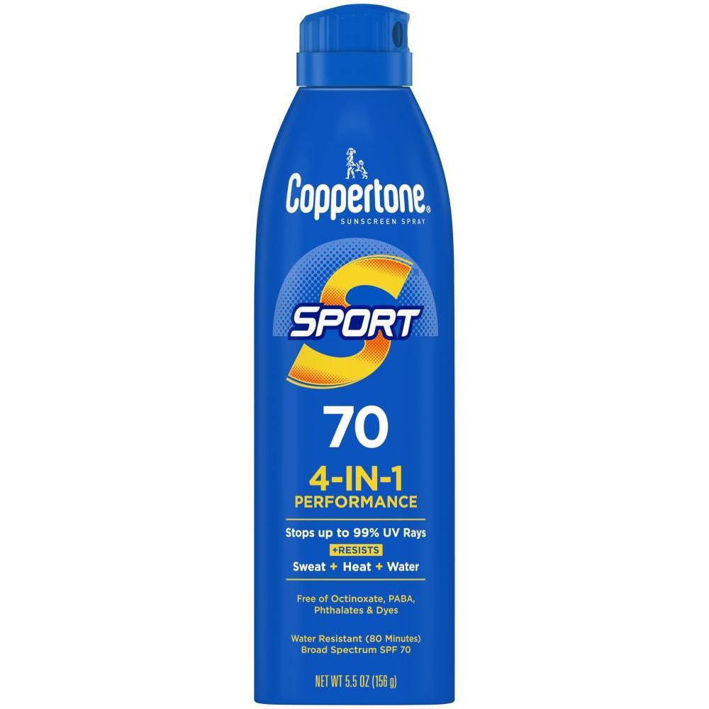 Coppertone Sport Broad Spectrum SPF 70 sunscreen spray in a 5.5 oz bottle, designed for outdoor sun protection.