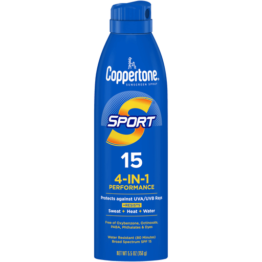 Coppertone Sport SPF 15 continuous spray sunscreen bottle with 5.5 oz size, designed for outdoor sports and active use