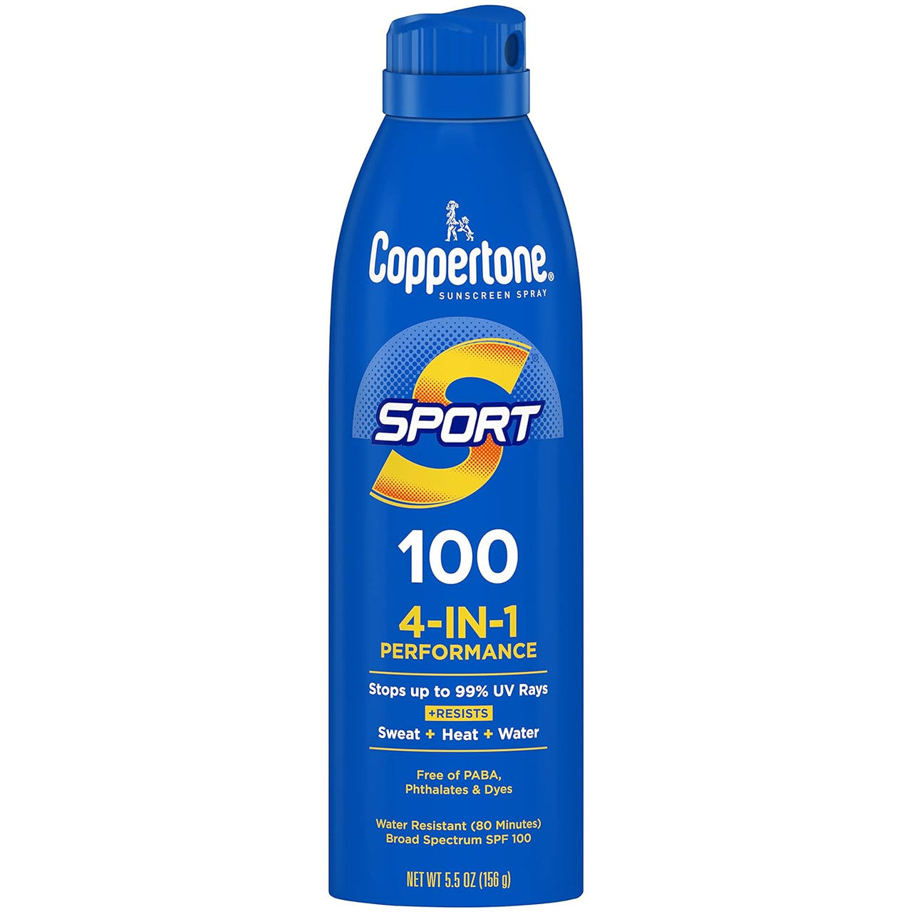 Coppertone Sport Sunscreen Spray SPF 100 bottle, outdoor use, sun protection, with spray nozzle, on a white background.