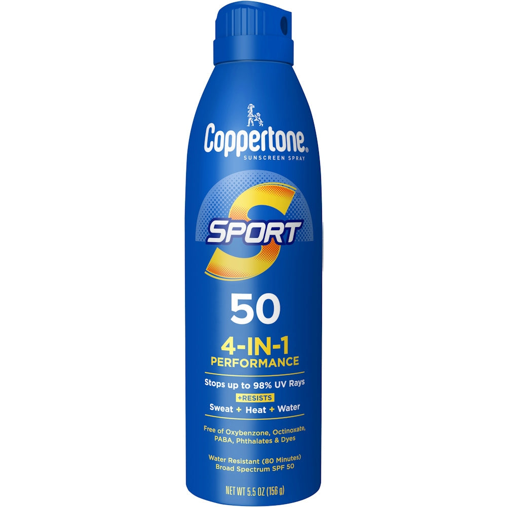 Coppertone Sunscreen Spray Sport with Broad Spectrum SPF 50, 5.5 oz, in a white bottle with a blue cap.