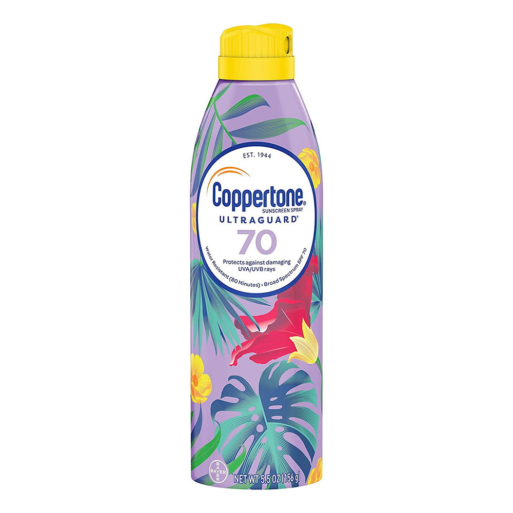 Coppertone Ultra Guard Sunscreen Continuous Spray SPF 70 in 5.5 ounces, broad spectrum protection, shown in bottle.