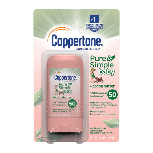 Coppertone Water Babies Pure & Simple Sunscreen Stick SPF 50 for kids, with a white sunscreen stick and blue cap.