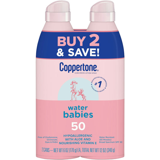 Twin pack of Coppertone Water Babies SPF50 sunscreen spray lotion, gentle sun protection for infants and children.