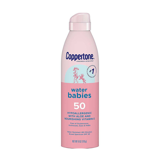 Coppertone Water Babies sunscreen spray with SPF 50, broad spectrum protection, in a lightweight lotion spray bottle.