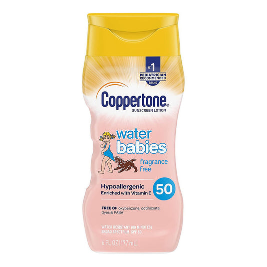 Coppertone Water Babies Sunscreen lotion in a bottle, broad spectrum SPF 50, gentle for babies, by Pasteur Pharmacy.