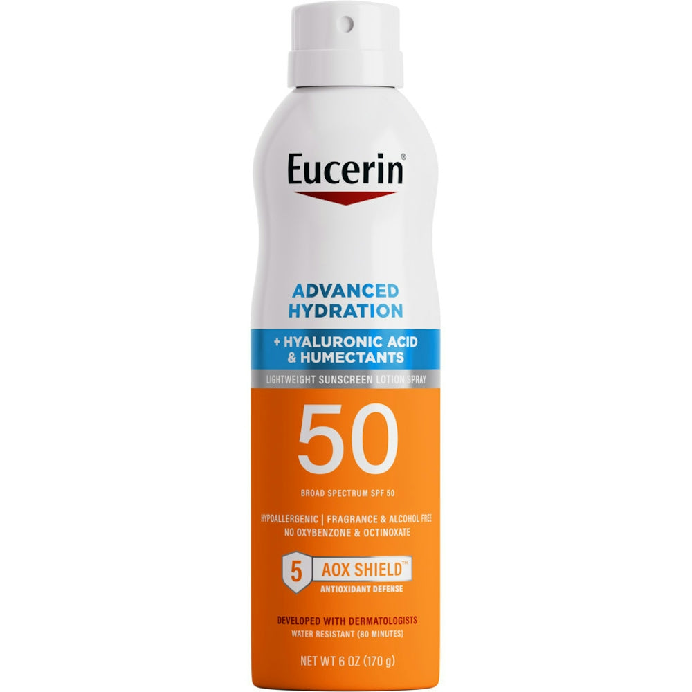 Eucerin Advanced Hydration Sunscreen Spray SPF 50 in 6oz bottle, easy-to-apply sun protection from Pasteur Pharmacy.
