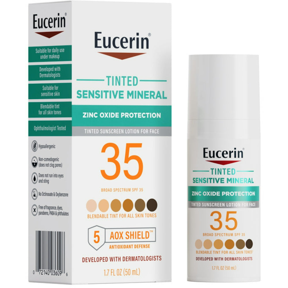 Eucerin Sensitive Mineral Sunscreen Tinted Face Lotion SPF 35 in 1.7 fl oz bottle, designed for sensitive skin.