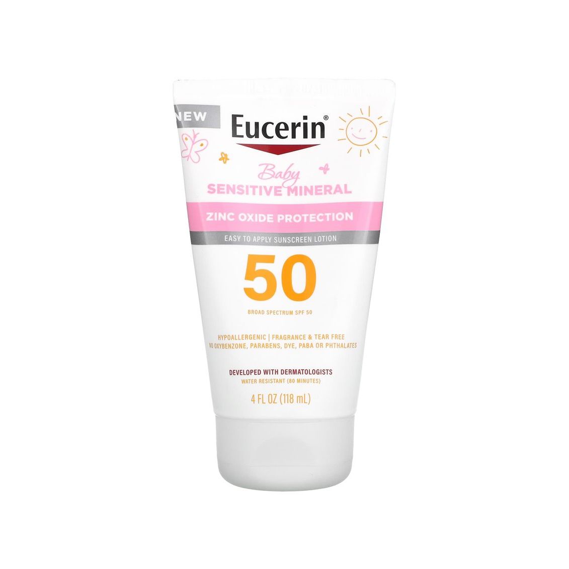 Eucerin Sun Sensitive Mineral Baby Sunscreen SPF 50 bottle, gentle mineral sunscreen for babies, 4 fl oz.