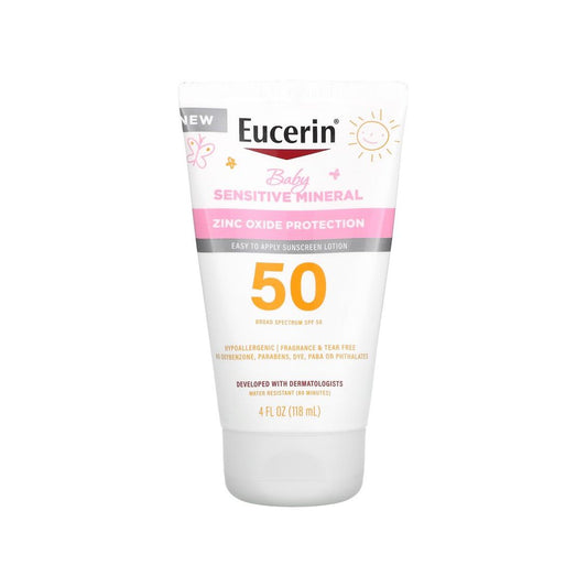Eucerin Sun Sensitive Mineral Baby Sunscreen SPF 50 bottle, gentle mineral sunscreen for babies, 4 fl oz.