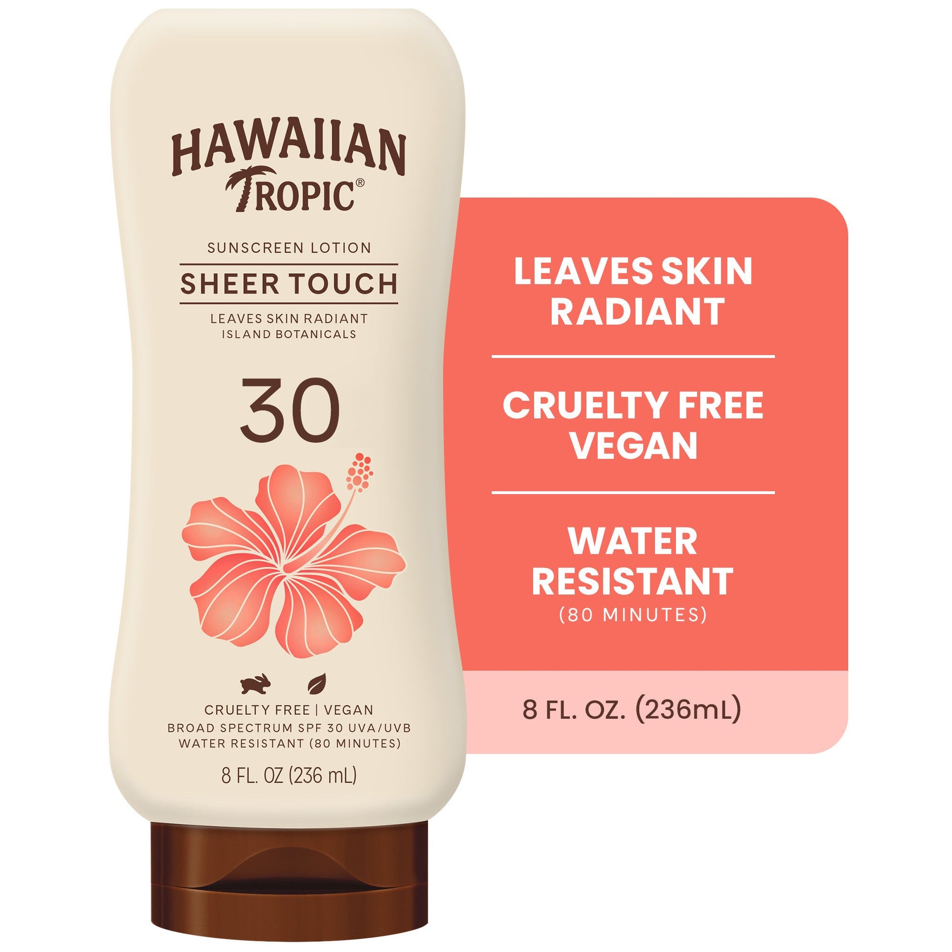Hawaiian Tropic Sheer Touch Ultra Radiance Sunscreen lotion SPF 30 in an 8 Fl Oz bottle, with a tropical-themed label.