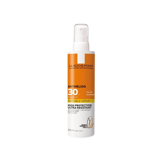 La Roche-Posay Anthelios Invisible Spray SPF 30 sunscreen in 200ml bottle, clear and lightweight, for broad-spectrum sun protection