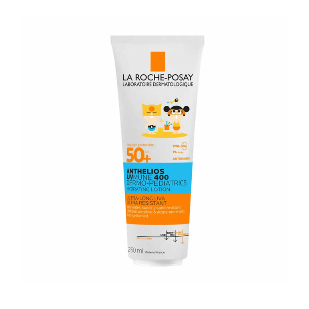 La Roche-Posay Anthelios Uvmune 400 children's SPF 50+ sun protection lotion in 250ml bottle, suitable for sensitive skin.