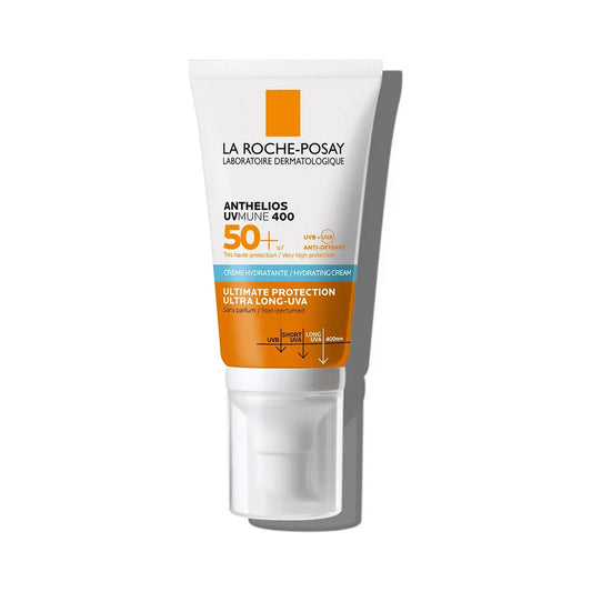 La Roche-Posay Anthelios UVMune 400 Hydrating Cream SPF50+ sunscreen in 50ml tube, designed for skin protection and hydration.