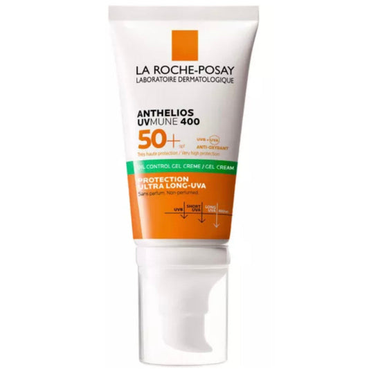 La Roche-Posay Anthelios UVMune 400 Oil Control Gel-Cream SPF50+ in 50ml, sunscreen with oil control formula and broad-spectrum protection.