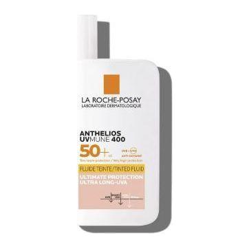 La Roche-Posay Anthelios UVmune 400 Tinted Fluid SPF50+ sunscreen in 50ml bottle, featuring tinted formula and UV protection.