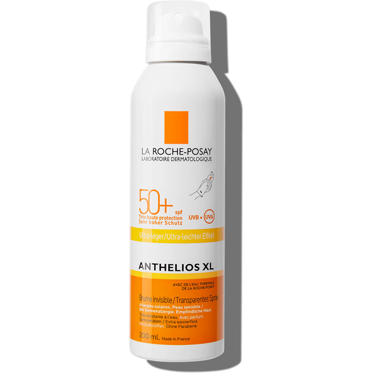 La Roche-Posay Anthelios XL Invisible Mist SPF 50 sunscreen in 6.7 oz spray bottle, ultra-light and suitable for skin protection.
