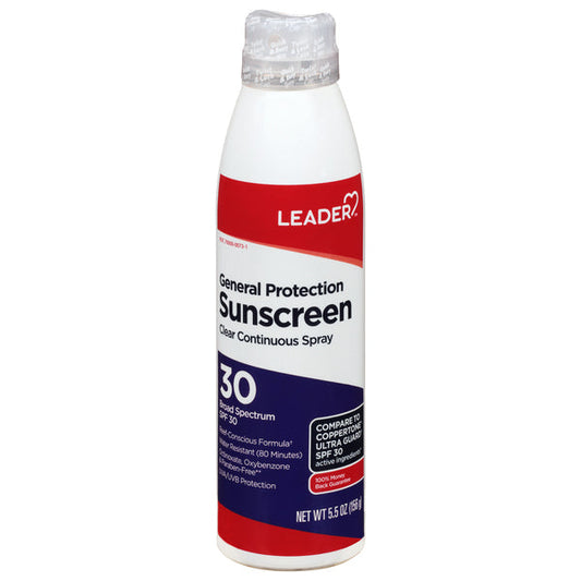 Pasteur Pharmacy Leader General Protection SPF 30 clear sunscreen spray in 5.5 oz bottle, easy-to-apply outdoor sun protection.