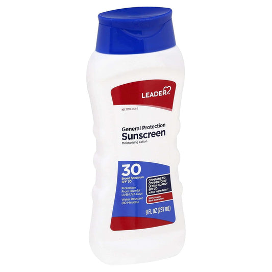 Leader Sunscreen Lotion SPF 30 by Pasteur Pharmacy, water-resistant broad spectrum UV protection, 8 oz bottle.