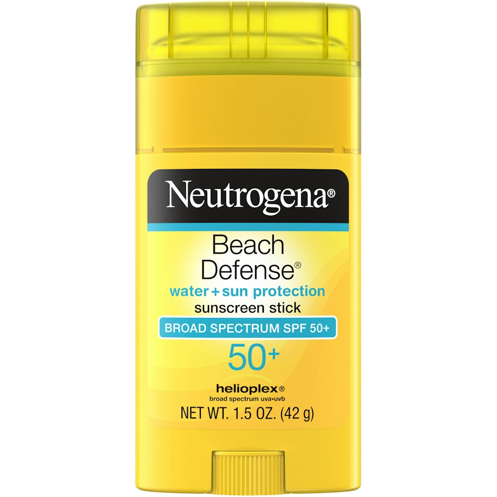 Neutrogena Beach Defense Sunscreen Stick with SPF 50+ for water and sun protection, 1.5 ounces, broad spectrum sunscreen.
