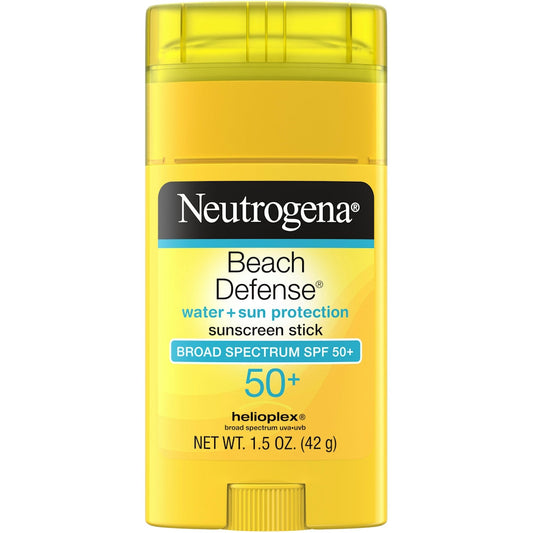 Neutrogena Beach Defense Sunscreen Stick with SPF 50+ for water and sun protection, 1.5 ounces, broad spectrum sunscreen.