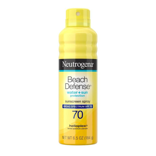 Neutrogena Beach Defense Water + Sun Protection Sunscreen Spray Broad Spectrum SPF 70, in a spray bottle.
