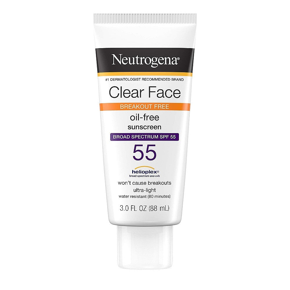 Neutrogena Clear Face Liquid Lotion Sunscreen for acne-prone skin, SPF 50, oil-free, fragrance-free, non-comedogenic, 3 oz bottle