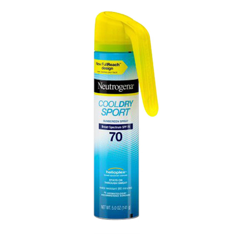 Neutrogena CoolDry Sport Sunscreen Body Spray with SPF 70, water-resistant, lightweight, oil-free, PABA-free mist for UVA/UVB protection.
