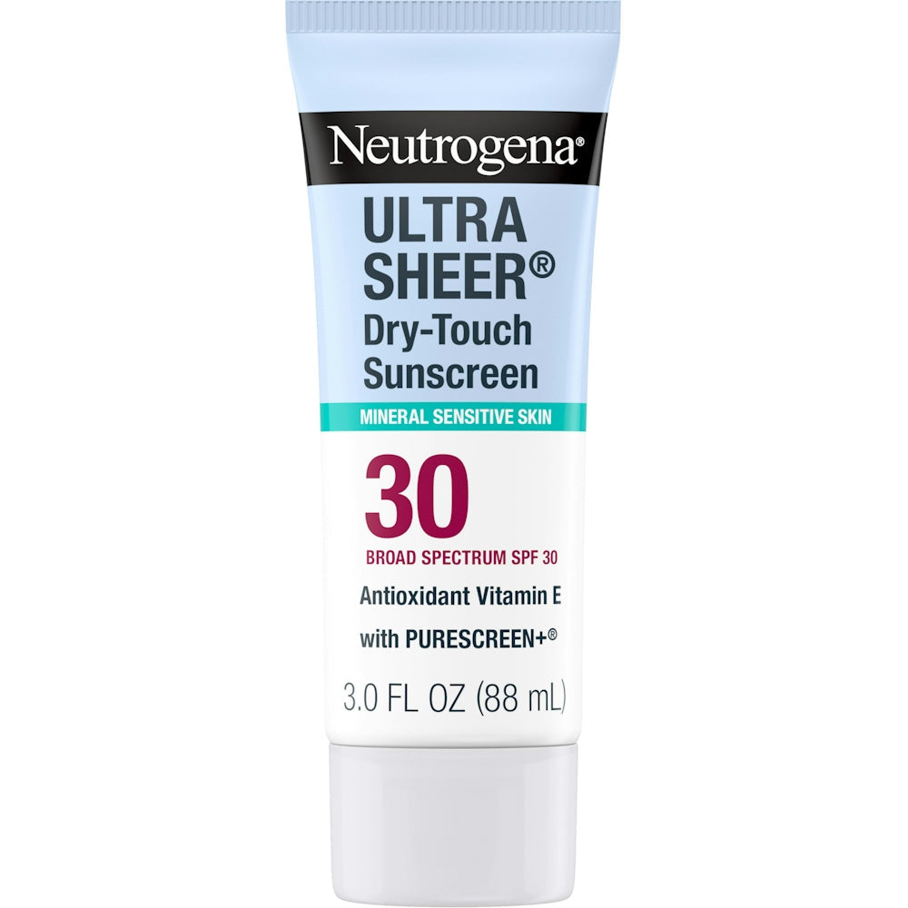 Neutrogena Mineral UltraSheer Dry-Touch SPF 30 Sunscreen Lotion in a tube, designed for sun protection and skin dryness.