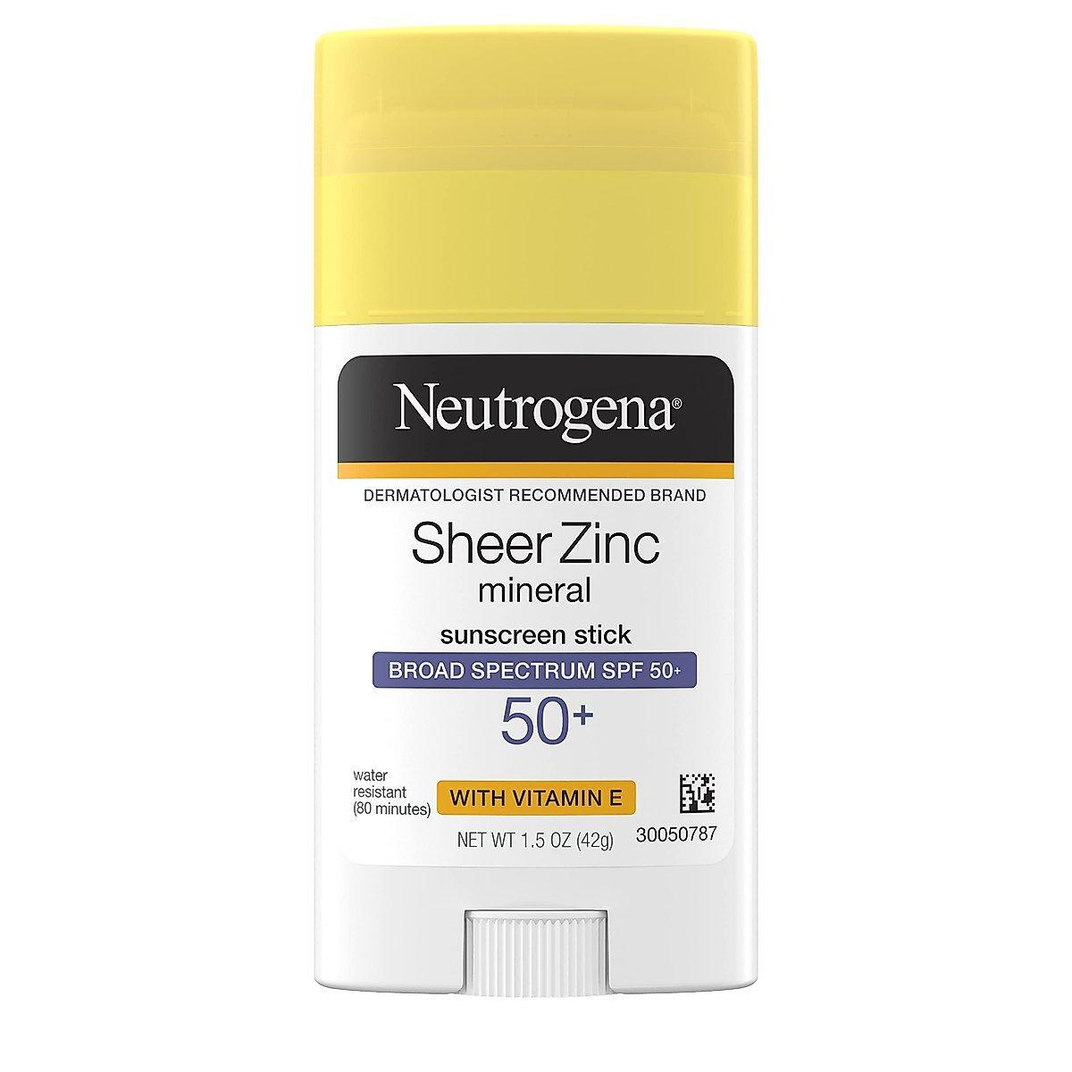 Neutrogena Sheer Zinc Oxide Mineral Sunscreen Stick with Vitamin E, SPF 50+, water-resistant, residue-free, 1.5 Oz, broad spectrum protection
