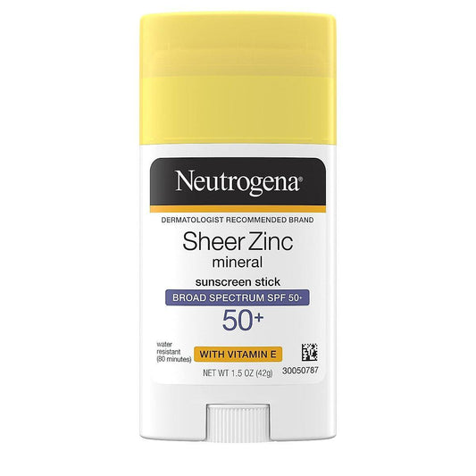 Neutrogena Sheer Zinc Oxide Mineral Sunscreen Stick with Vitamin E, SPF 50+, water-resistant, residue-free, 1.5 Oz, broad spectrum protection