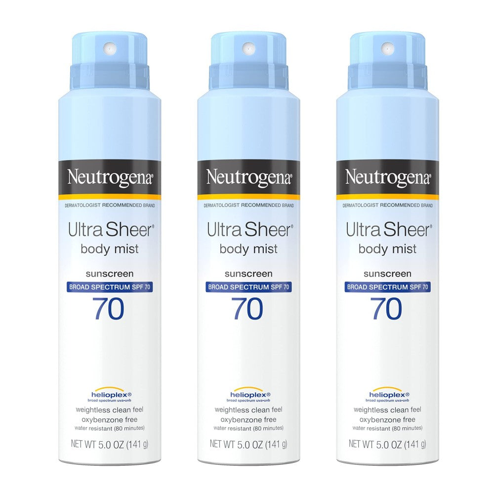 Neutrogena Ultra Sheer Body Mist Sunscreen spray with SPF 70, lightweight, water-resistant, non-greasy, oil-free, broad spectrum protection.