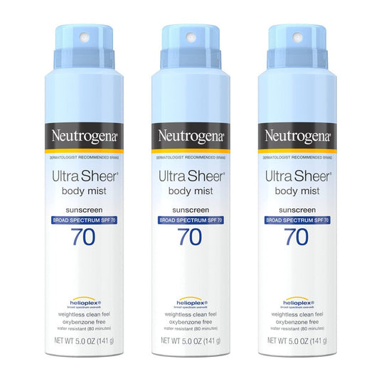 Neutrogena Ultra Sheer Body Mist Sunscreen spray with SPF 70, lightweight, water-resistant, non-greasy, oil-free, broad spectrum protection.