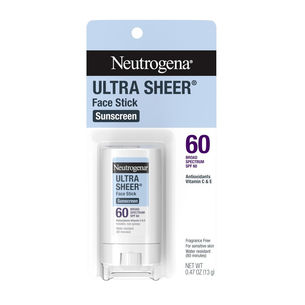 Neutrogena Ultra Sheer Face Stick SPF 60 sunscreen stick with transparent formula and twist-up design for sun protection.